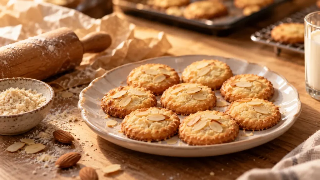 Biscuit au amande recette : sablés aux amandes dorés sur table en bois