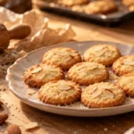 Biscuit au amande recette : sablés aux amandes dorés sur table en bois