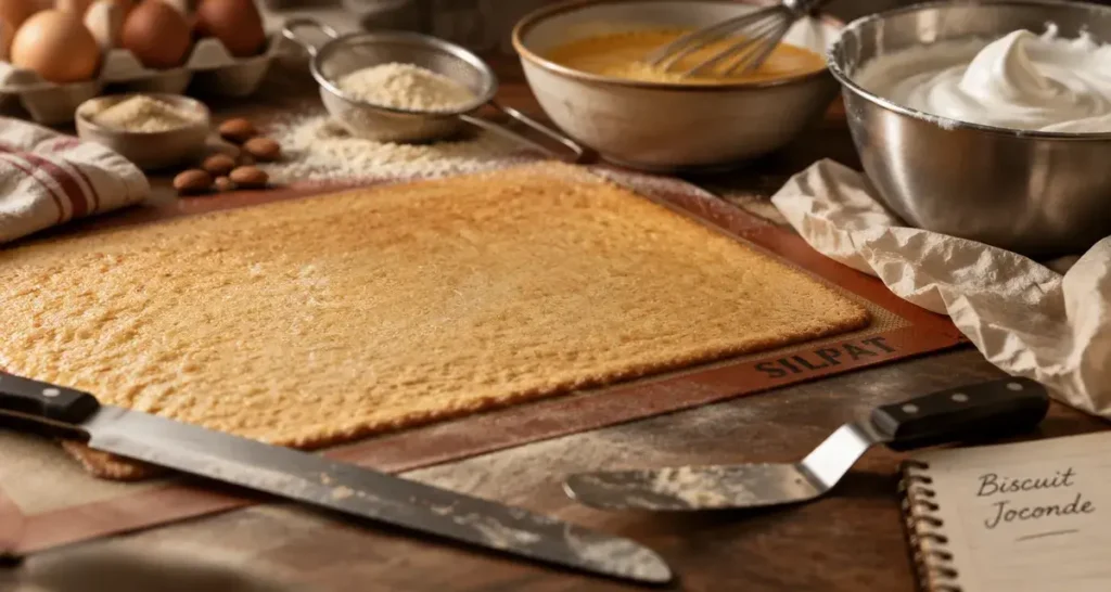 Biscuit joconde recette : plaque tiède étalée, œufs et meringue brillants