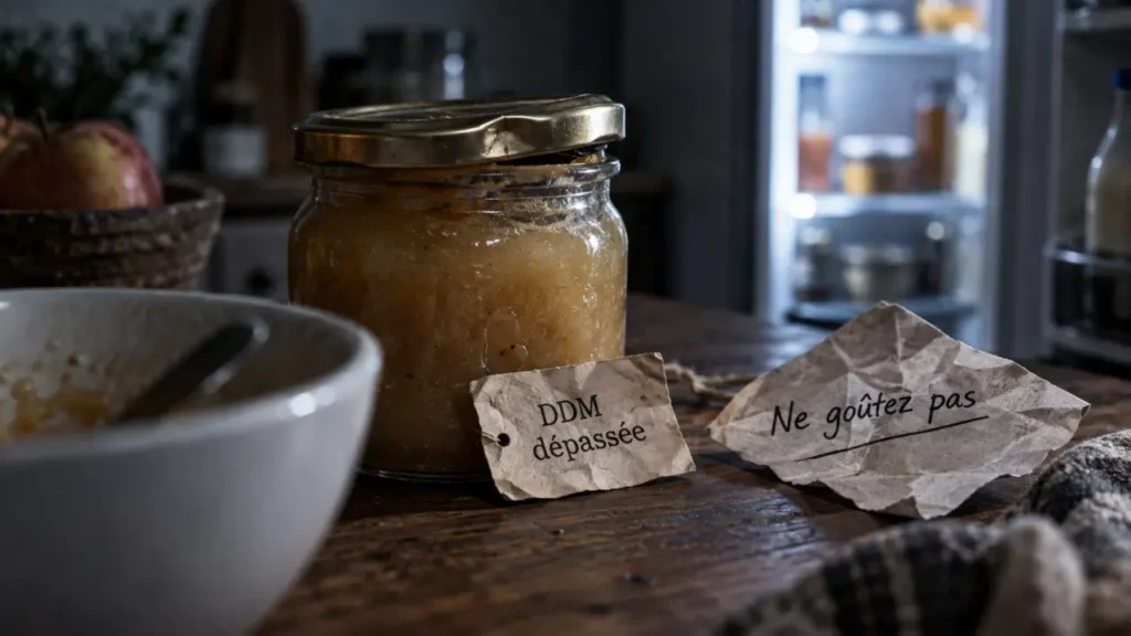 Compote périmée : couvercle bombé DDM dépassée sur pot de compote