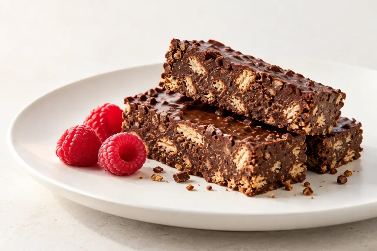 Recette avec biscuit écrasé : gâteau au chocolat sans cuisson décoré de framboises