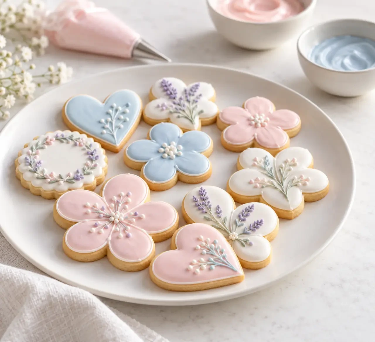 Recette glaçage biscuit royal sur des sablés décorés blanc et pastel