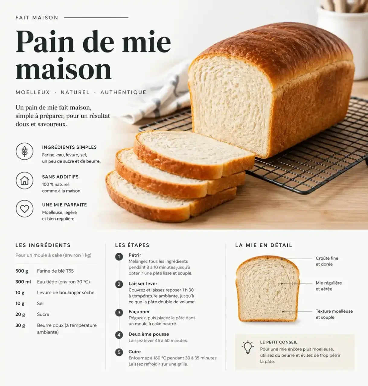 Recettes de pain de mie maison : pain doré et tranches à la mie moelleuse sur une grille de refroidissement