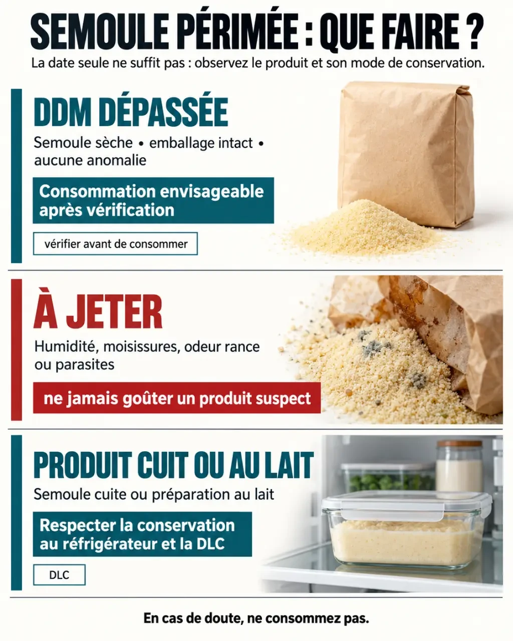 Infographie pratique pour vérifier une semoule périmée et distinguer DDM, DLC, humidité et signes d’altération