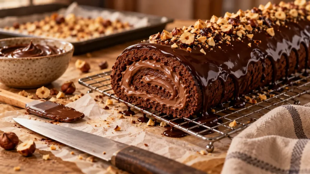 Recette biscuit roulé pour bûche Cyril Lignac : bûche chocolat-noisette en cours de roulage et glaçage