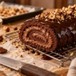 Recette biscuit roulé pour bûche Cyril Lignac : bûche chocolat-noisette en cours de roulage et glaçage