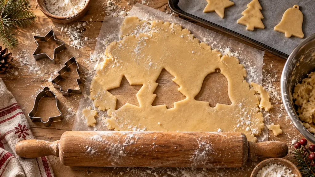 Recette pates a biscuit : pâte étalée 0,5 cm, 1 h de froid, emporte-pièces Noël