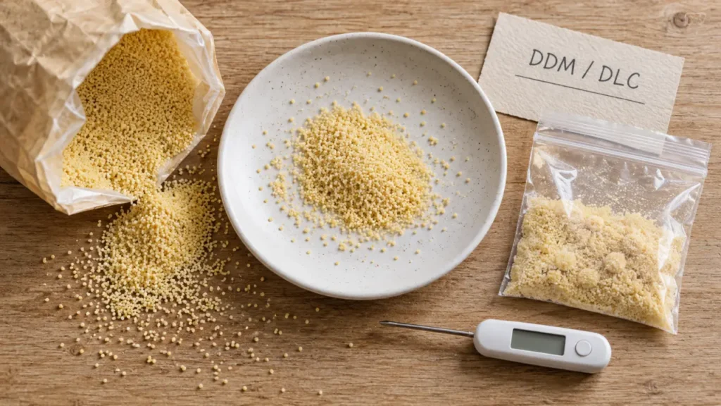 Semoule périmée : grains secs et humidité, texture altérée